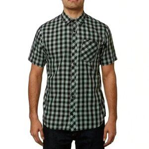 FOX Mens Short Sleeve Button Down Shirt Green Black Check Medium